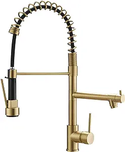Robinet De Cuisine À Double Bec Avec Douchette Extractible, Finition Or Brossé
