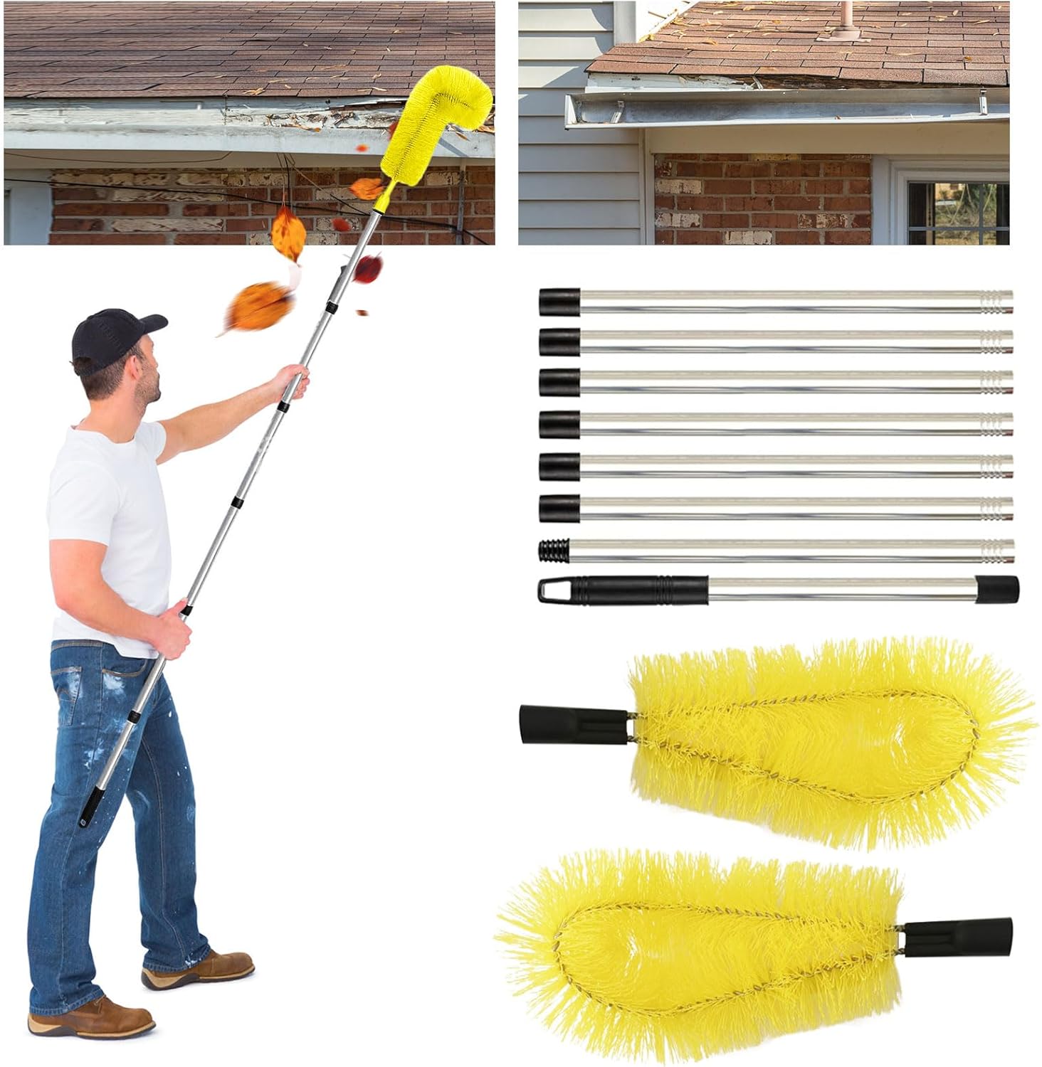 Brosse De Nettoyage De Gouttière Avec Manche Télescopique Extensible Outil De Nettoyage De Garde,outil De Nettoyage De Protection De Toiture (jaune)