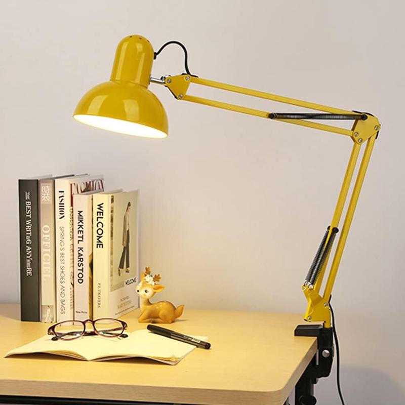 Lampe De Bureau Industrielle Jaune, Base Solide Avec Pince, Articulée, Métal Vintage, E27, Chevet Et Bureau