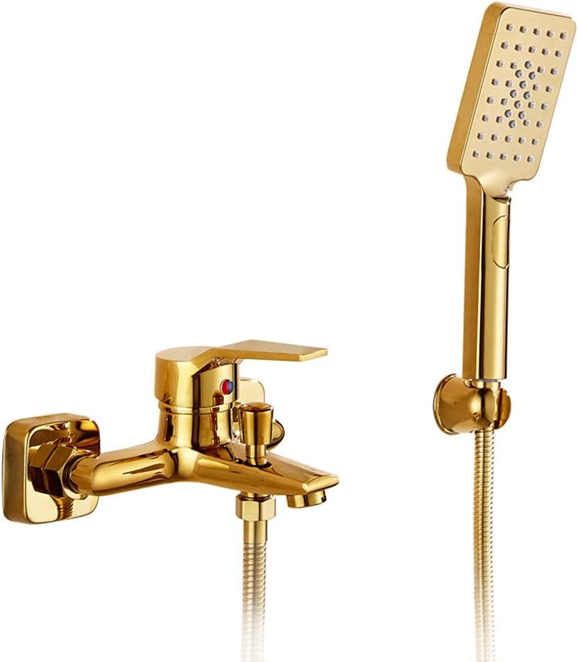 Robinet De Baignoire En Laiton Avec Douchette À Main, Fixation Murale, Support Et Tuyau Inclus, Couleur Or, Avec Bec Inférieur.
