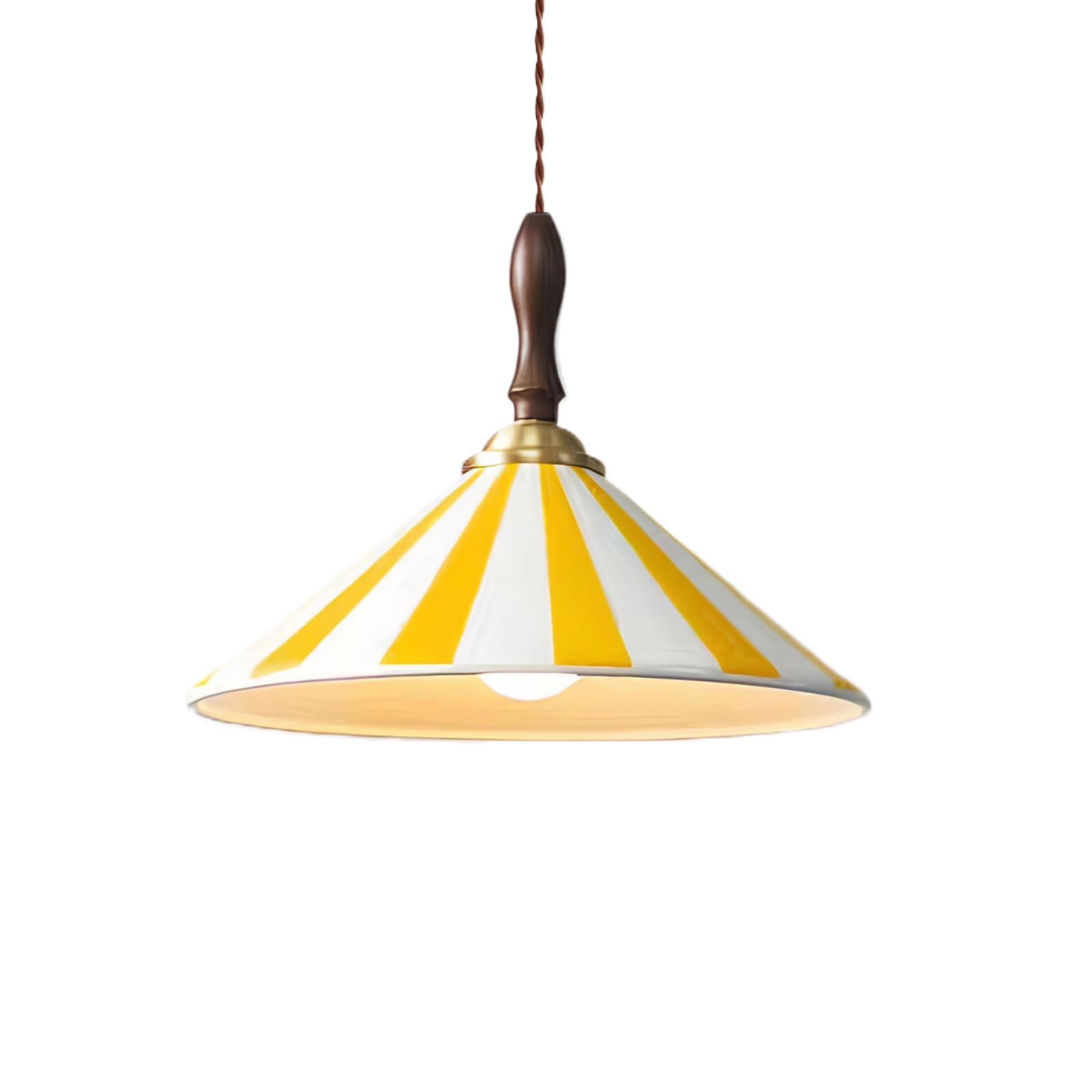 30cm Suspension Vintage Céramique Rayée E27 Base Bois Hauteur Réglable Lampe Moderne Salon Chambre Cuisine Salle À Manger Café (jaune)