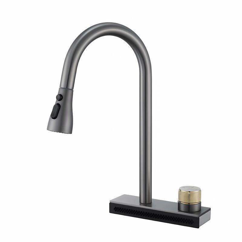 Robinet De Cuisine Avec Douchette Extensible Mitigeu Cuisine Avec Sortie Cascade Rotatif À 360° Chaud Et Froid Réglable Gris