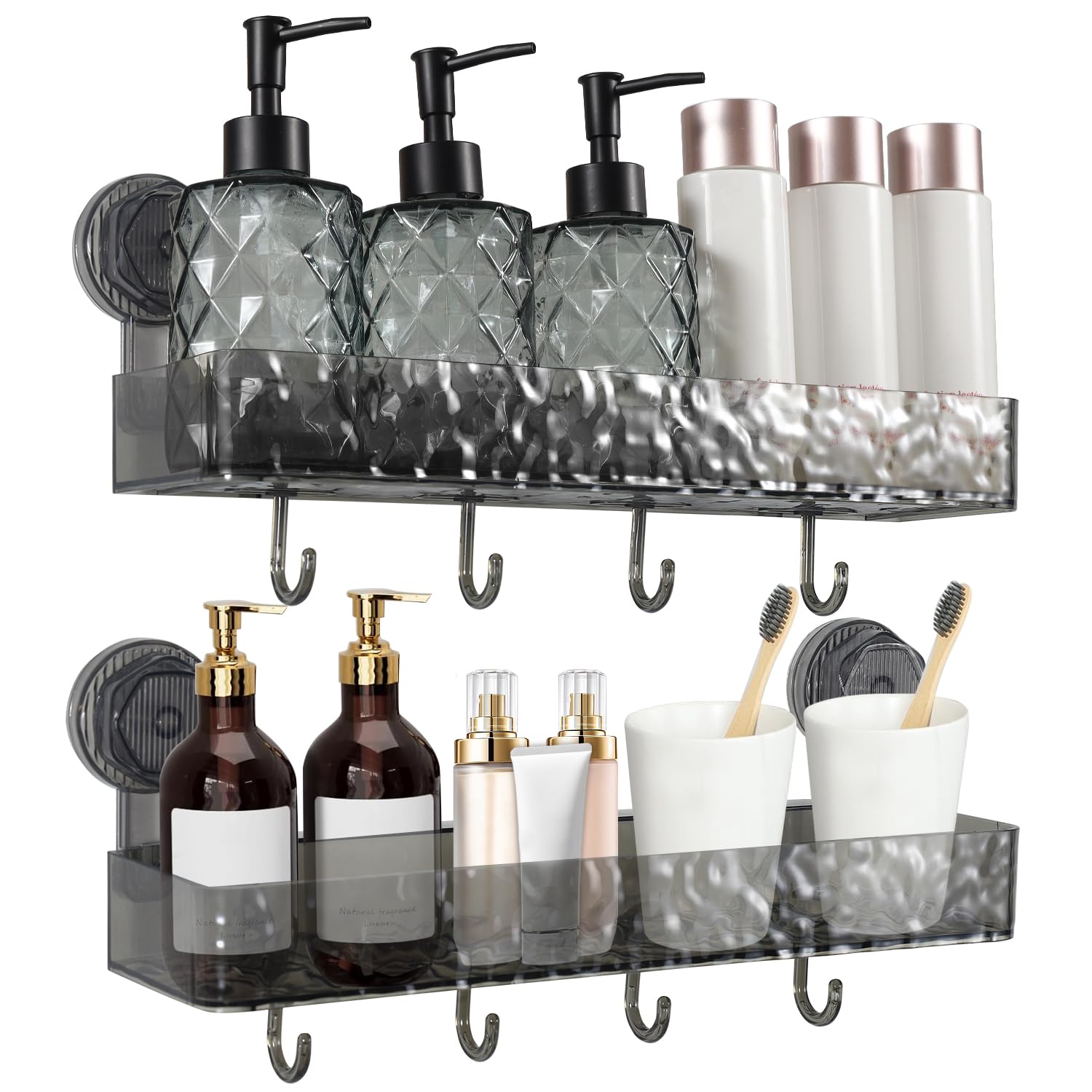 Étagère Salle De Bain, Lot De 2 Étagères De Douche Sans Perçage Avec 4 Ventouses Et 8 Crochets, Étagère Murale Salle De Bain Pour Salle De Bain Et Cuisine（gris）