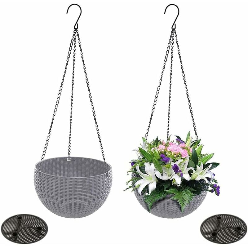 Pièces (gris) Pots De Fleurs Suspendus En Rotin, Jardin Paniers Suspendus, Jardinière Suspendu, Pot Suspendu Fleurs En Plastique