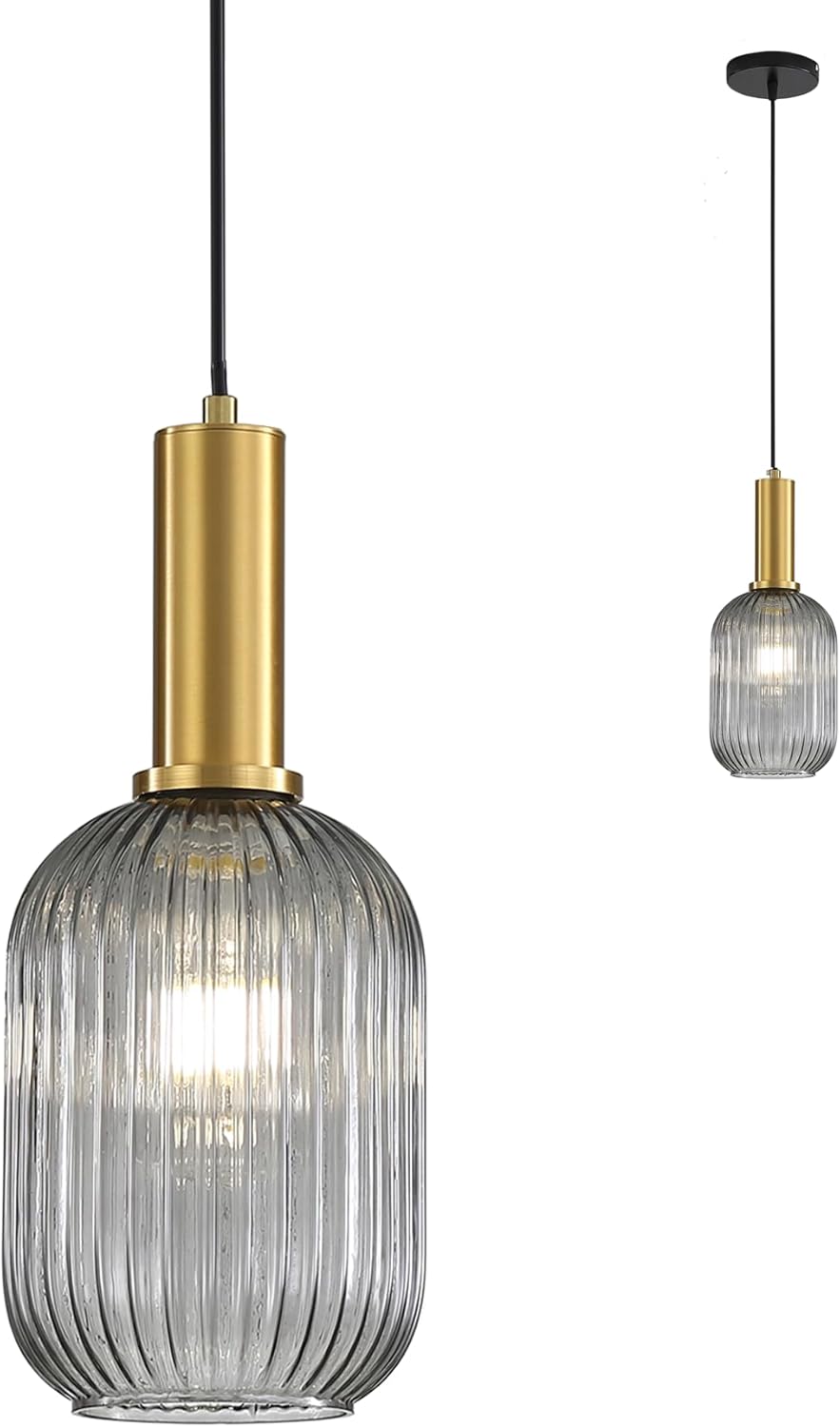 Suspension Luminaire Industrielle Vintage En Verre Nervuré,plafonnier Avec Fini En Laiton Poli Lustre,suspension Lampe De Salle À Manger (gris, 13cm)