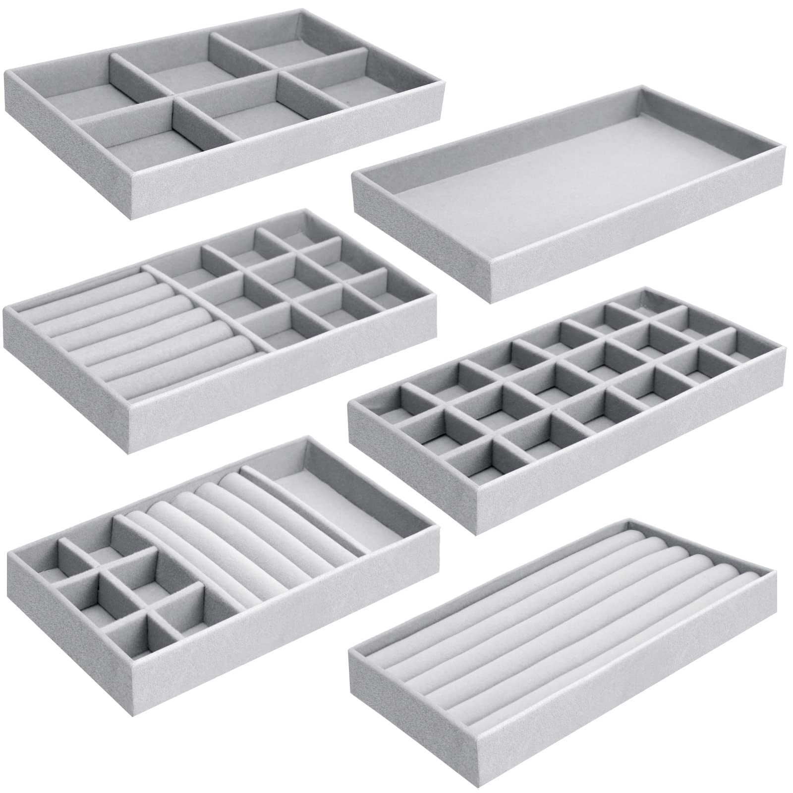 Pcs Plateaux Rangement, Peut Stocker/afficher, Organisateur Tiroir A 6 Tailles Différentes, Plateau Bijoux Velour Pour Bague/collier/bracelet (gris)