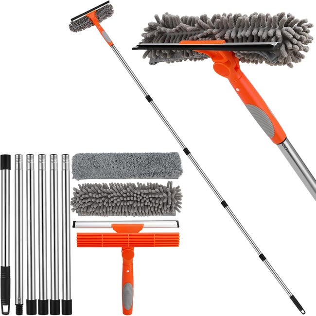 Kit De Nettoyage De Vitres Professionnel 2 En 1 Avec Raclette À Vitres Télescopique 240 Cm, Tête Flexible, Pour Vitres Hautes Intérieures, Gris