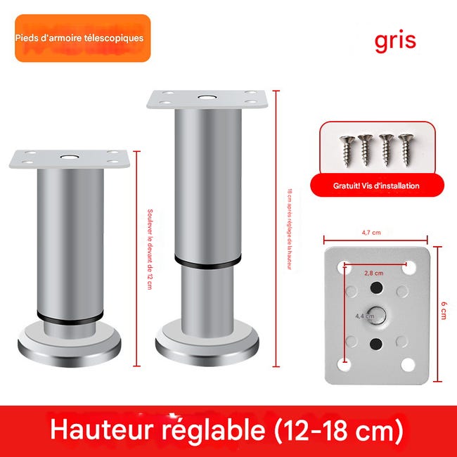 Pieds De Meubles En Métal De 12 Cm (4,72 Pouces), Lot De 4 Pieds Coniques De Remplacement, Gris, Pour Projets De Bricolage, Canapés, Armoires