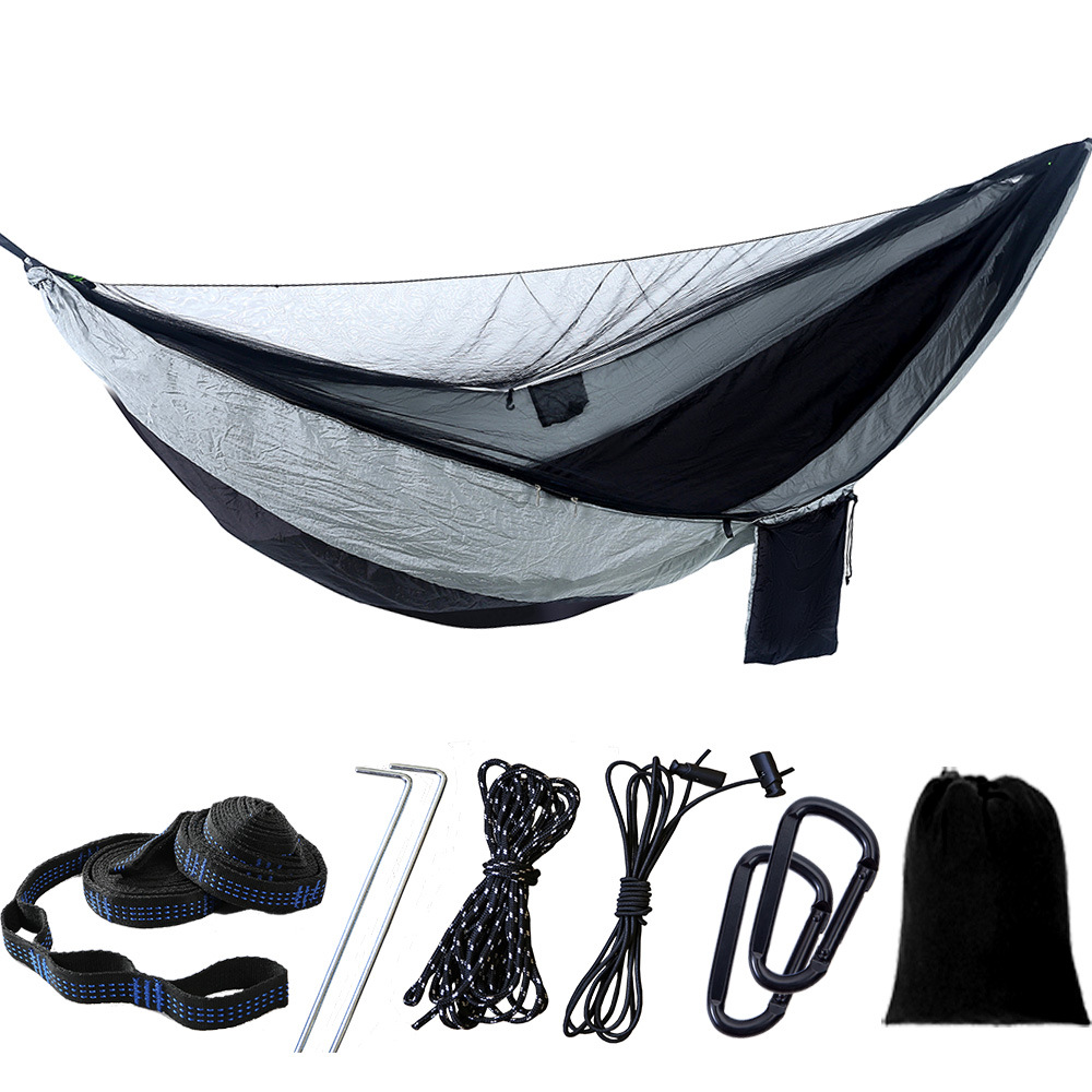 Hamac De Camping Avec Moustiquaire, Capacité De Charge 300 Kg, Double, Nylon Respirant Portable Ultra-léger, Gris Et Noir
