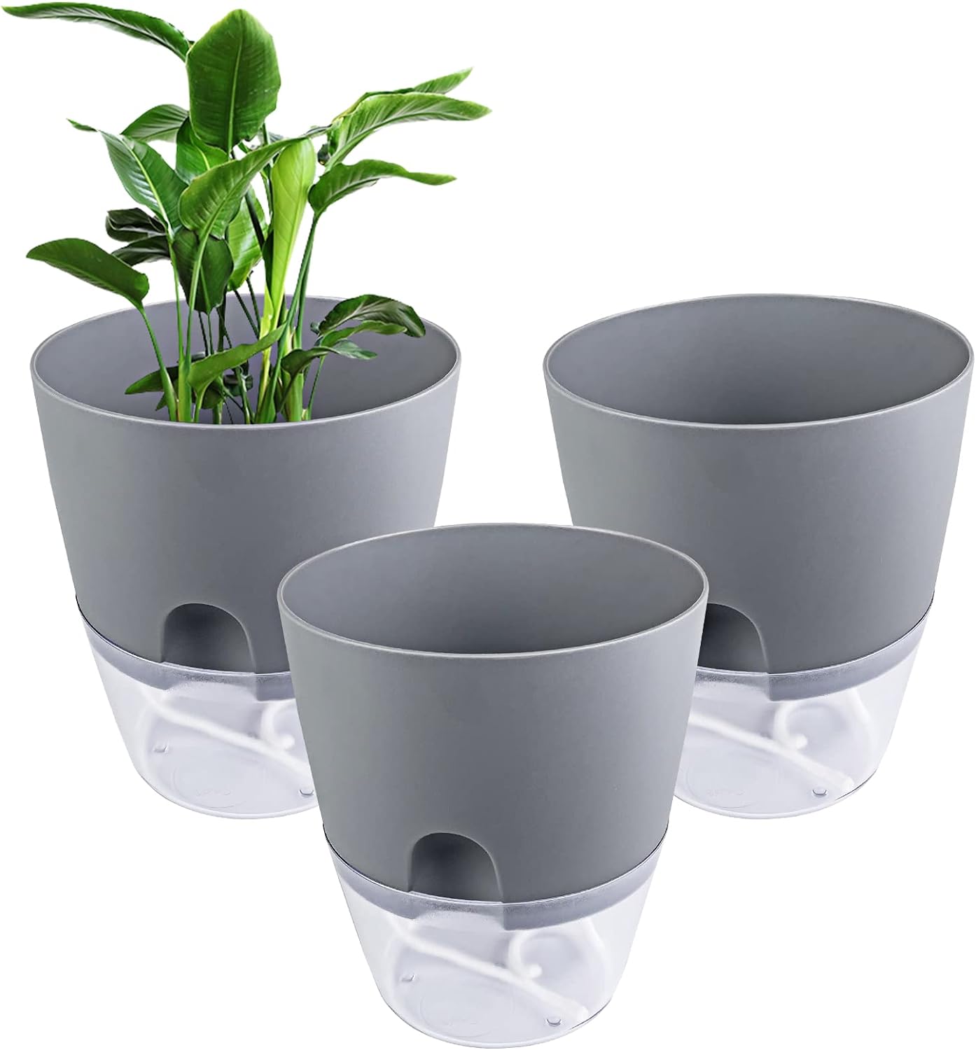 Ineasicer 3 Pièces Pots De Fleurs Gris 15.3cm Largeur, Automatique Pots Avec Système D'Arrosage Automatique, D'Arrosage Automatique Pots Transparent Avec Système De Mèche Aux Balcon, Intérieurs