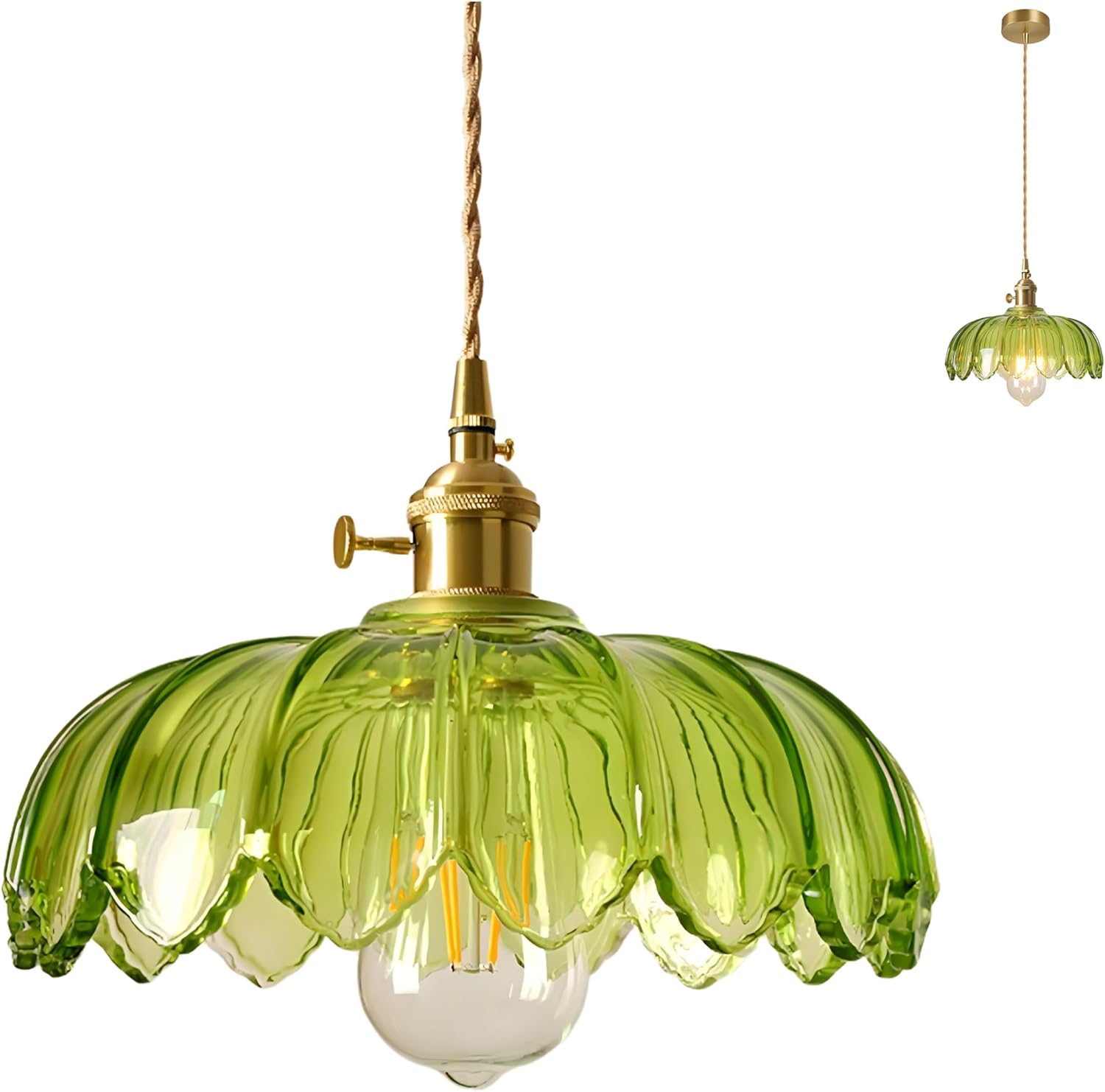 Suspension En Verre Lotus Abat-jour, Industriel Vintage E27 Plafonnier En Laiton, Hauteur Réglable Lampe Suspendue Design Pour Cuisine (vert)