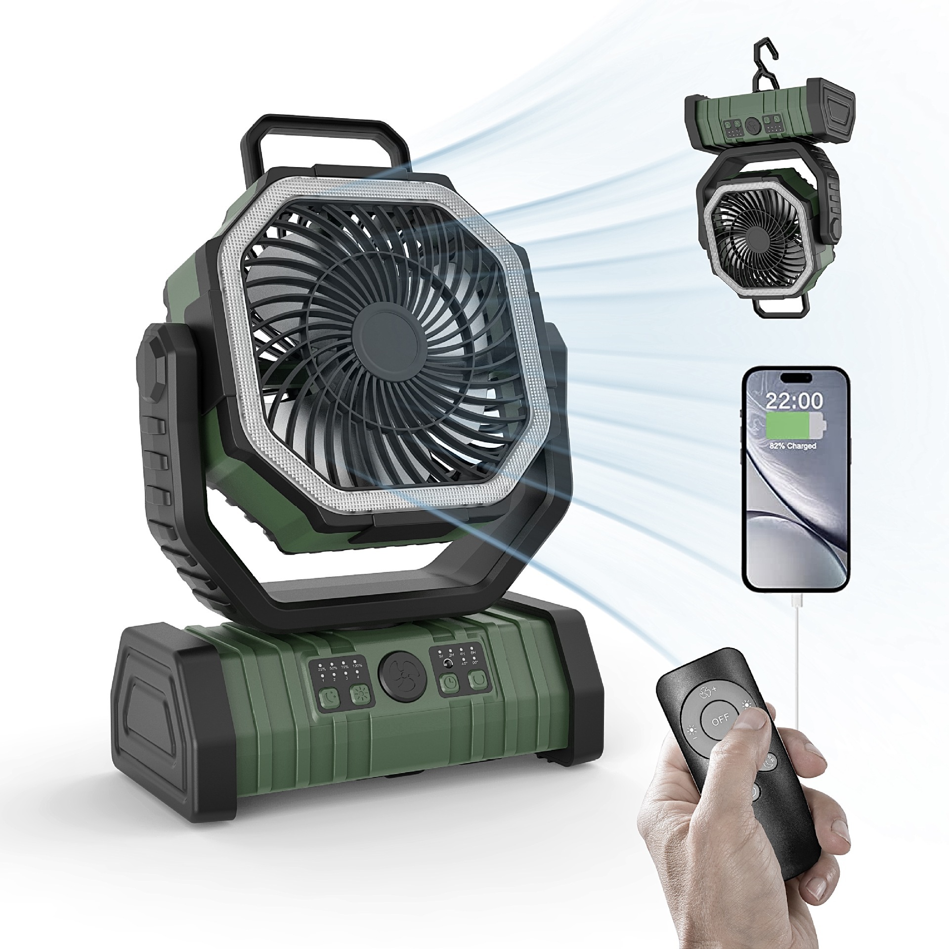 Ventilateur Portatif De Camping En Plein Air, Chargement Usb, Téléphone Portable Rechargeable Avec Lumière Led, Plus Crochet, Vert Militaire 20000 Mah