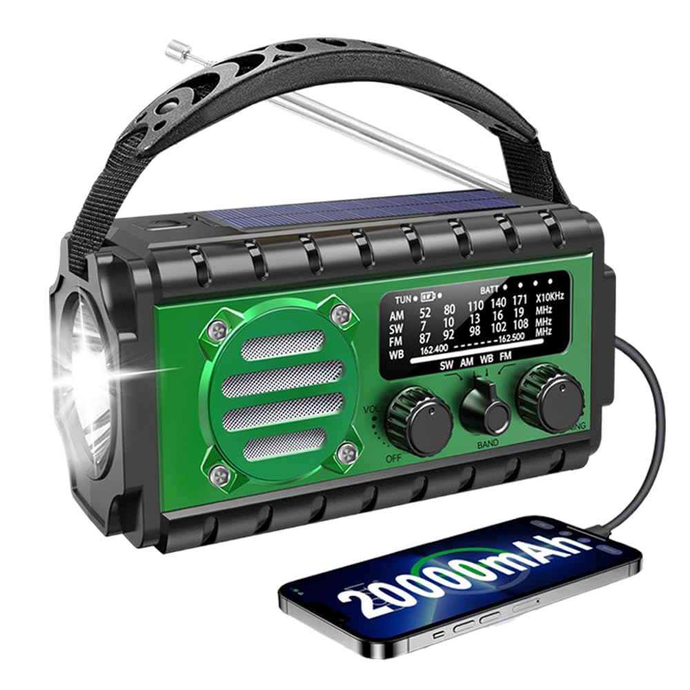 Radio Dynamo Portable De Survie 20000mah - Radio Am/fm, Power Bank, Sos, Lampe Poche, Panneau Solaire, Recharge Manivelle/usb, Éclairage Led Longue Durée (vert)
