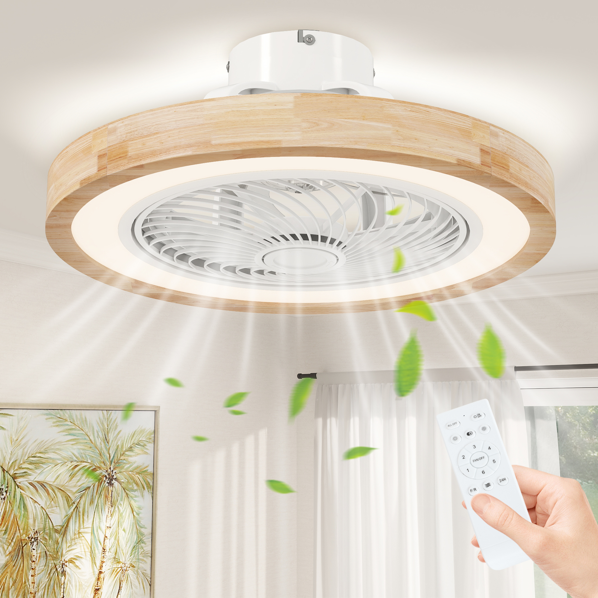 Ventilateur De Plafond Avec Éclairage Et Télécommande,6 Vitesses,luminosité Réglable,moteur Silencieux,marron Clair