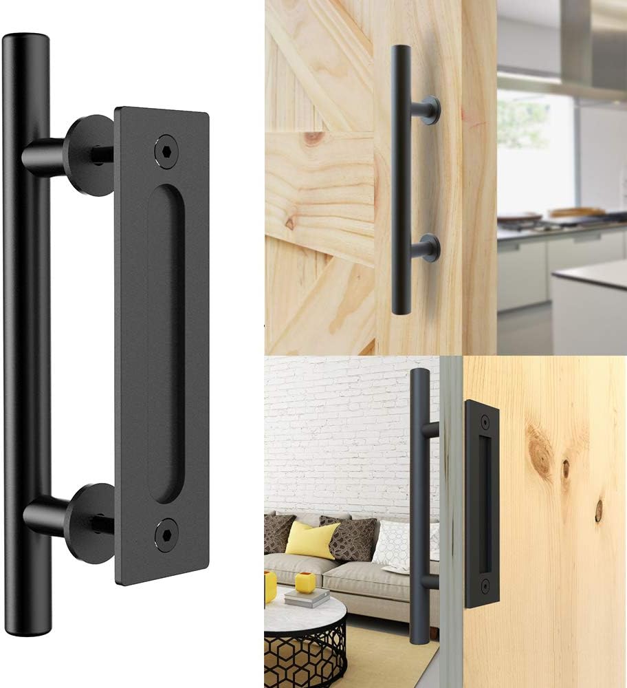 Retro Sliding Door Handle Black Aluminum Pull And Flush Handle Sets For Wooden Sliding Door, 30cm
