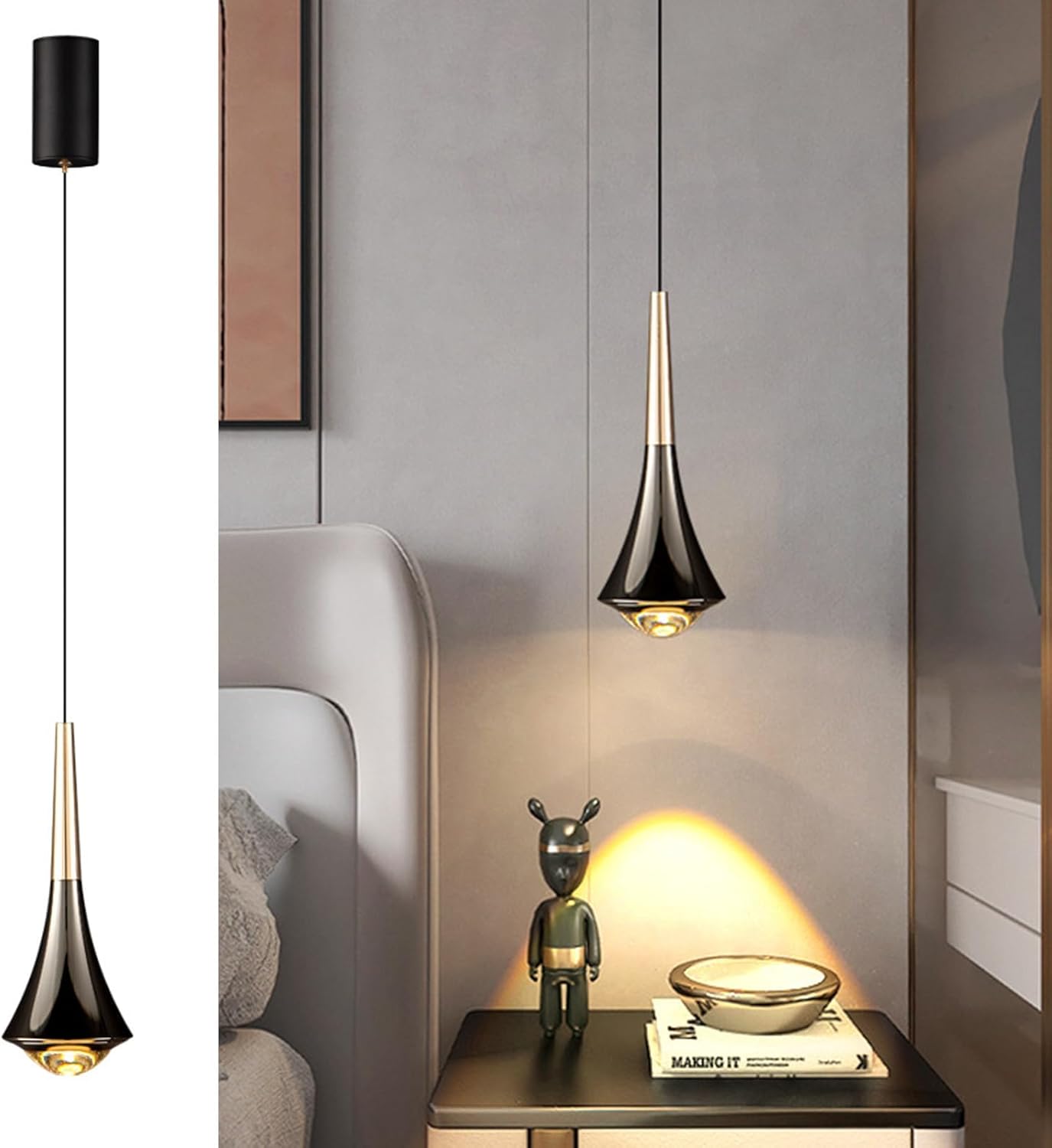 Suspension Led, Lampe De Chambre, Forme De Goutte D'Eau, Température De Couleur 3000k, Noir Et Or, Dimensions 22 X 8,5 Cm, En Aluminium.