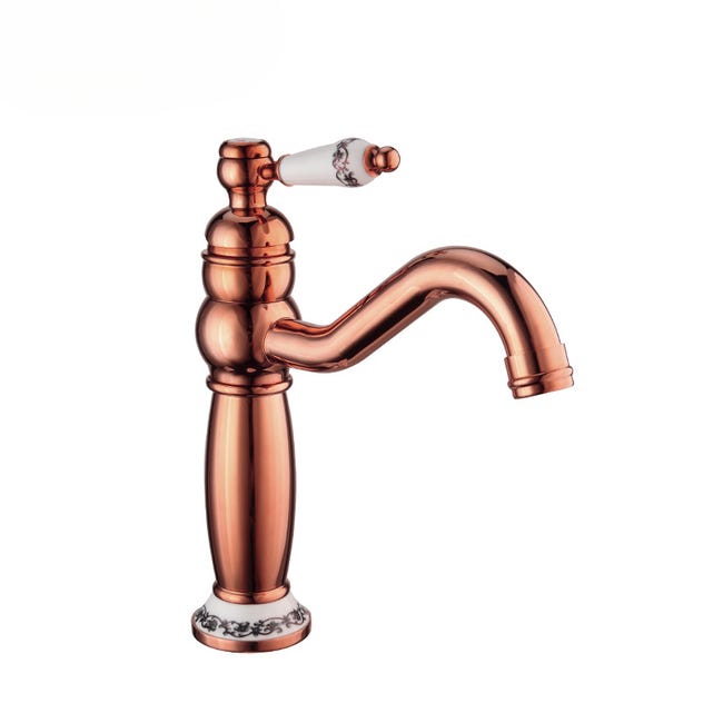 Robinet De Salle De Bain En Laiton Pour Évier De Lavabo Rétro (version Courte En Céramique Or Rose (avec Tuyau De 60cm))