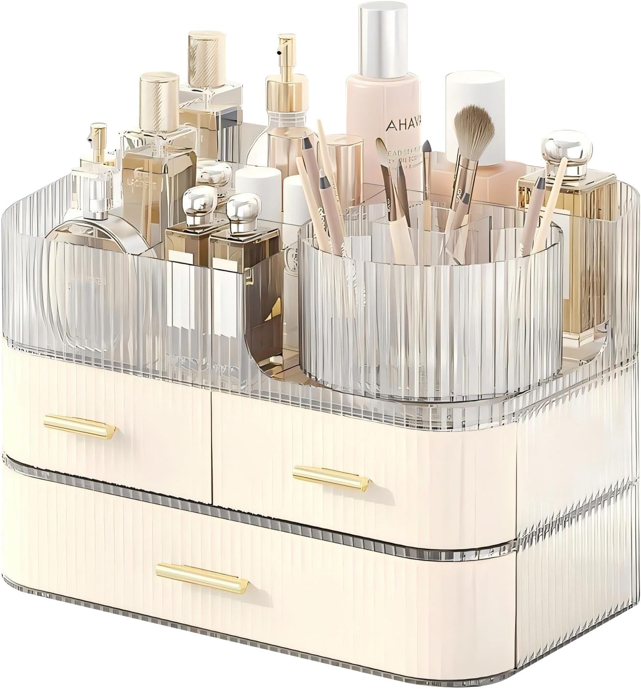 Organisateur De Maquillage Avec Tiroirs Et Support Rotatif De Pinceaux De Maquillage–organisateur De Cosmétiques Empilable Pour Comptoir