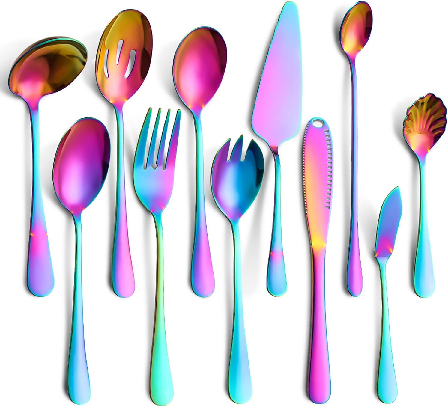 Ensemble De 11 Ustensiles De Service, Couverts Modernes En Acier Inoxydable Comprenant Cuillères, Fourchettes, Couteaux Et Louches, Idéal Pour La Maison, Les Restaurants, Les Buffets Et Les Fêtes (arc