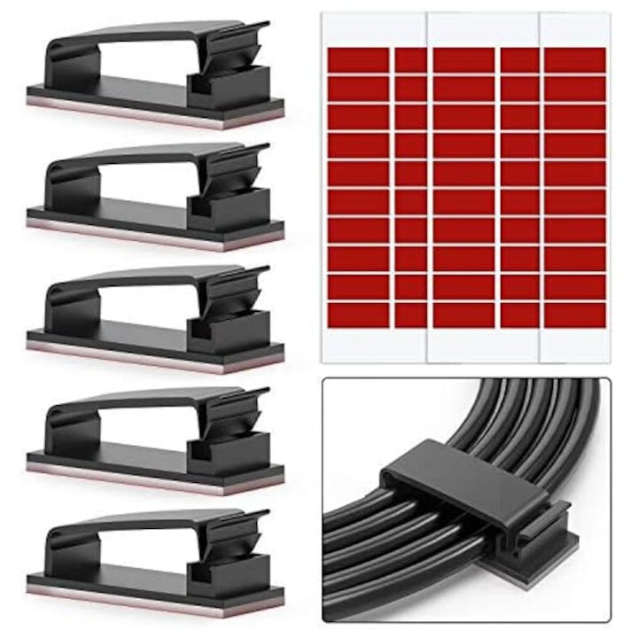 Set 50 Clips Pentru Cabluri, Autoadezive, Organizator Cabluri, Suport Birou, Pentru Curatarea Spatiului