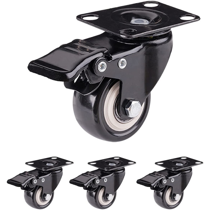 Roti Pentru Mobilier, 50mm, Cu Frana, Set De 4, Negru, Din Cauciuc Poliuretanic