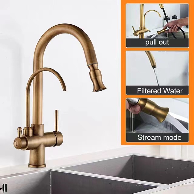 Robinet De Cuisine À Ressort 3 En 1, Filtre D'Eau D'Évier, Robinets Universels À Double Usage Avec Pulvérisateur Extractible, Tout En Cuivre Antique