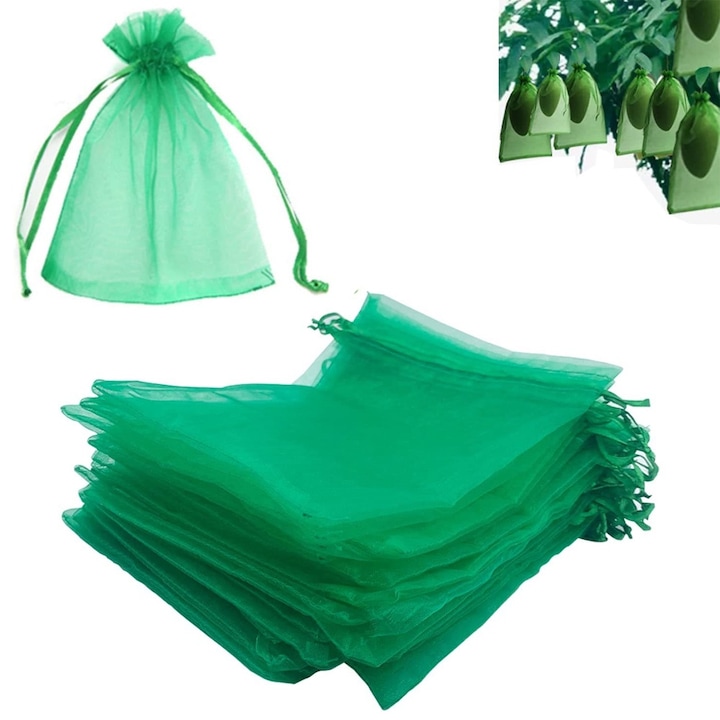 Set 100 Saci Protectie Fructe, Qttvbtna, Organza, Reutilizabili, Respirabili, 18 X 13 Cm, Verde