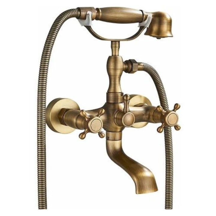 Robinet De Baie Retro, Mixer Cu Doua Manete, Set Din Alama, 2 Moduri De Dus, 13.5x16.5cm
