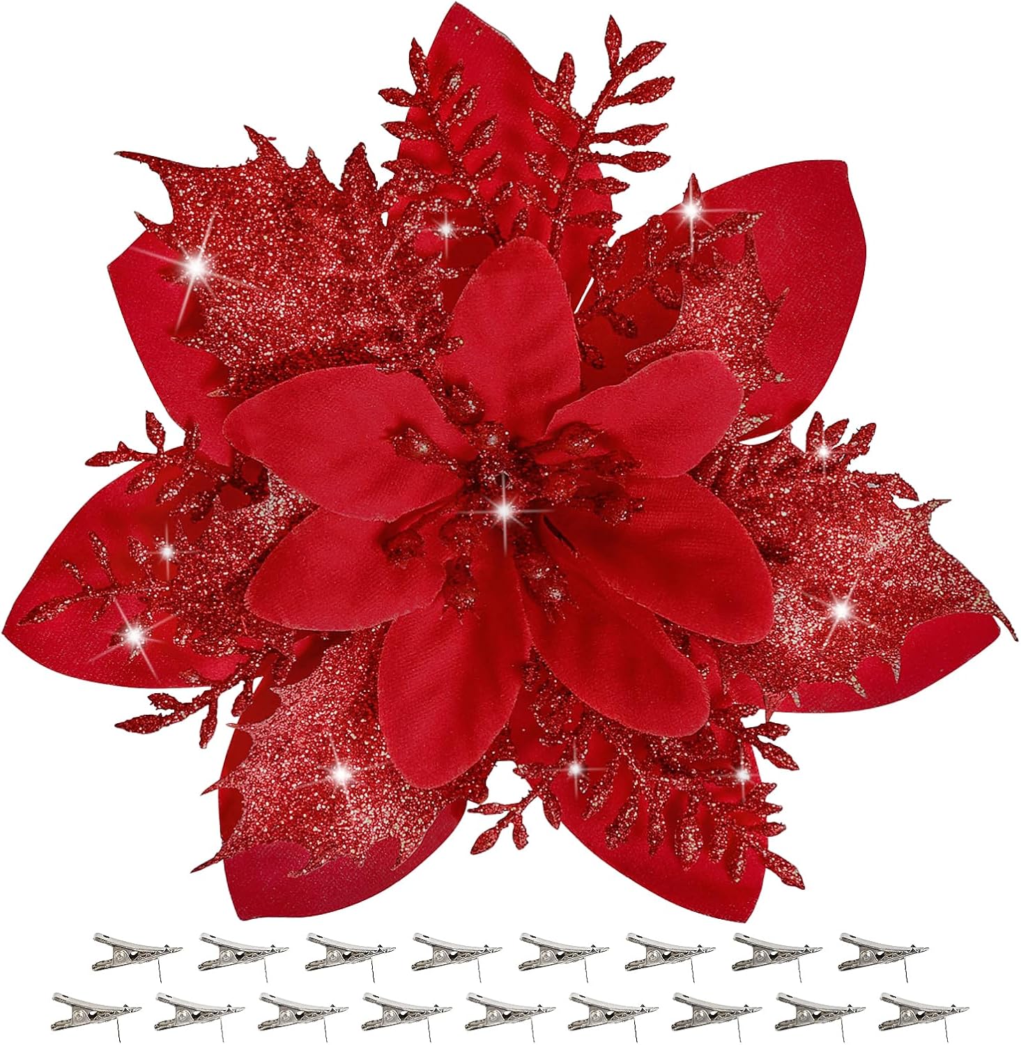 Lot De 16 Poinsettias Artificiels Avec Pinces, Décorations De Noël Pailletées, Ornements Pour Sapin, Couronnes De Noël À Faire Soi-même, Décorations Pour La Maison Et Les Fêtes.