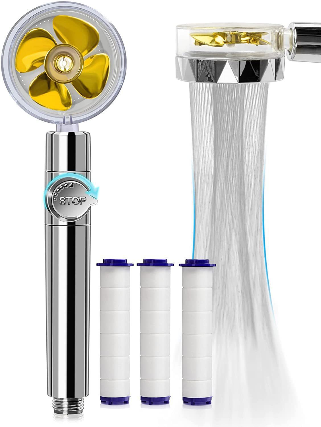 360° Rotating Shower Head, High Pressure Water Saving Shower Head, High Pressure Propeller, Increases Pressure, With Fan And Pause Switch