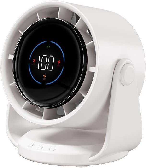 Ventilateur Alimenté Par Batterie 5000mah, Écran Led, 1 À 199 Vitesses Et Tête Pivotante À 105°, Blanc Crème