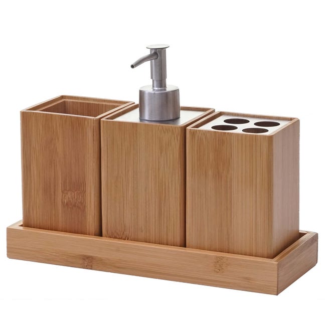 Accessoires De Salle De Bain 4 Pièces Porte Brosse À Dents Distributeur De Savon En Bambou