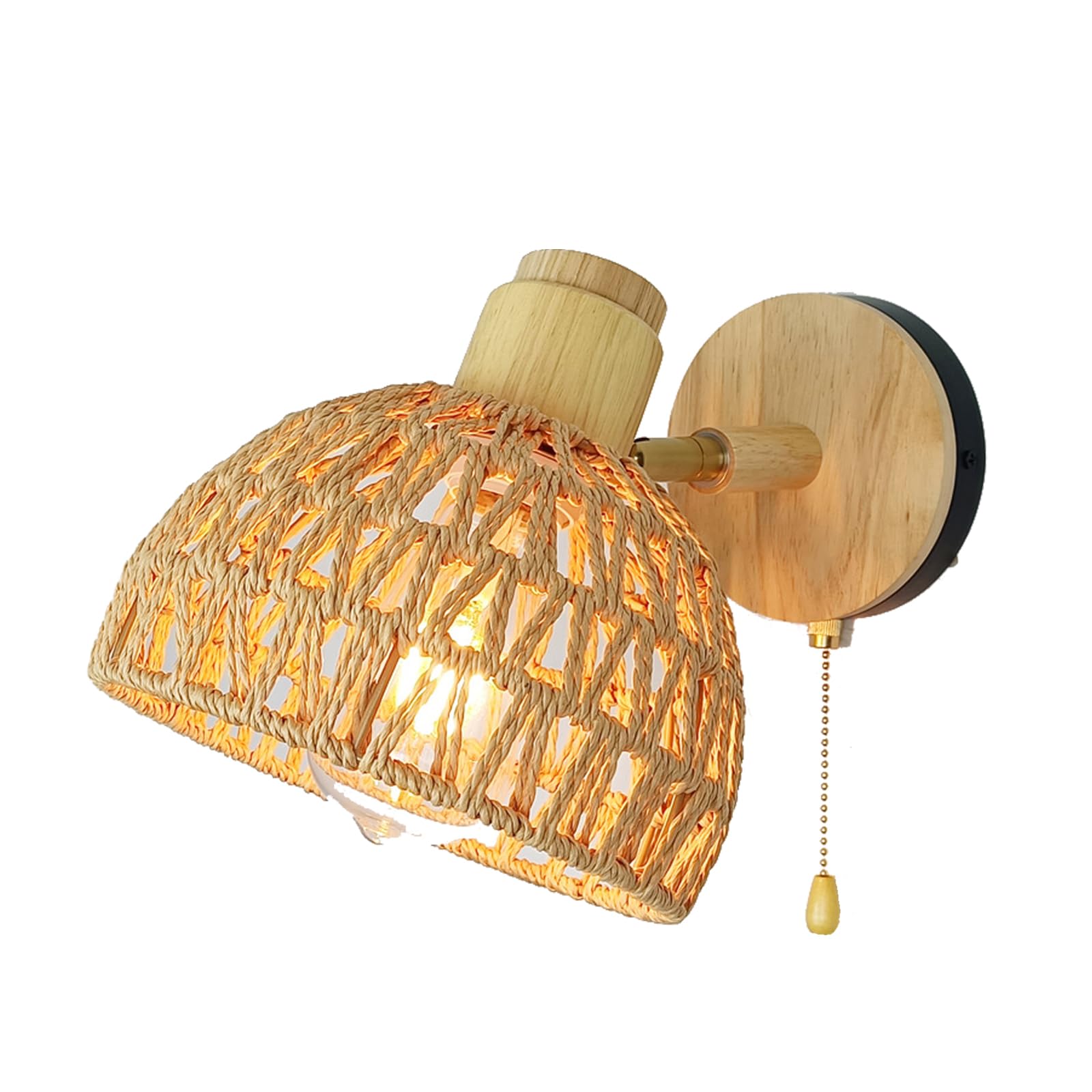 Applique Murale Rotin Vintage Avec Interrupteur - Lampe Bohème E27 En Bois Réglable Pour Chambre,salon,couloir - Luminaire D'Intérieur
