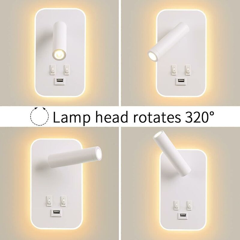 Applique Murale Led, Liseuse De Chevet Avec Interrupteur, Port De Charge Usb, Éclairage D'Ambiance Réglable Pour Chambre (lumière Naturelle 3 W + Lu