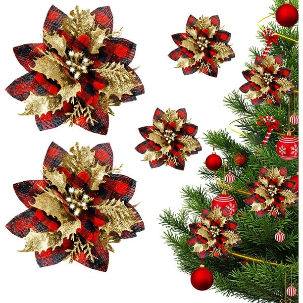 Lot De 12 Poinsettias À Paillettes À Carreaux De Noël - Fleurs Artificielles À Carreaux Noirs Et Blancs Avec Tige Métallique, Décorations De Noël À Carreaux Avec Pétales Argentés Pour Couronne De Sapi