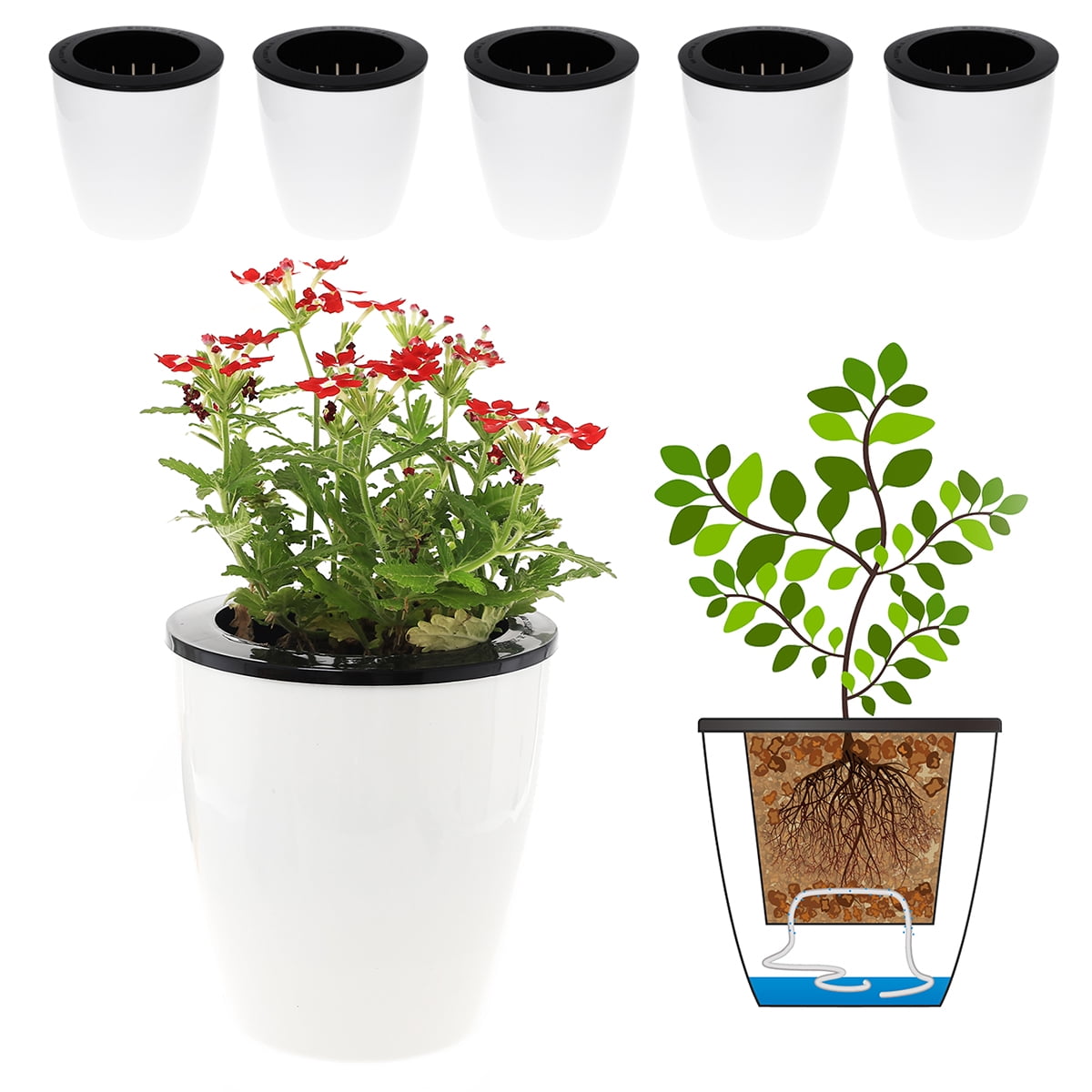 Lot De 6 Pots À Réserve D'Eau De 12 Cm (4,7 Pouces) Avec Mèche Intégrée, Pour Plantes D'Intérieur Telles Que Le Lierre Du Diable Doré, La Violette Africaine, Le Chlorophytum, L'Orchidée, Et Bien D'Aut