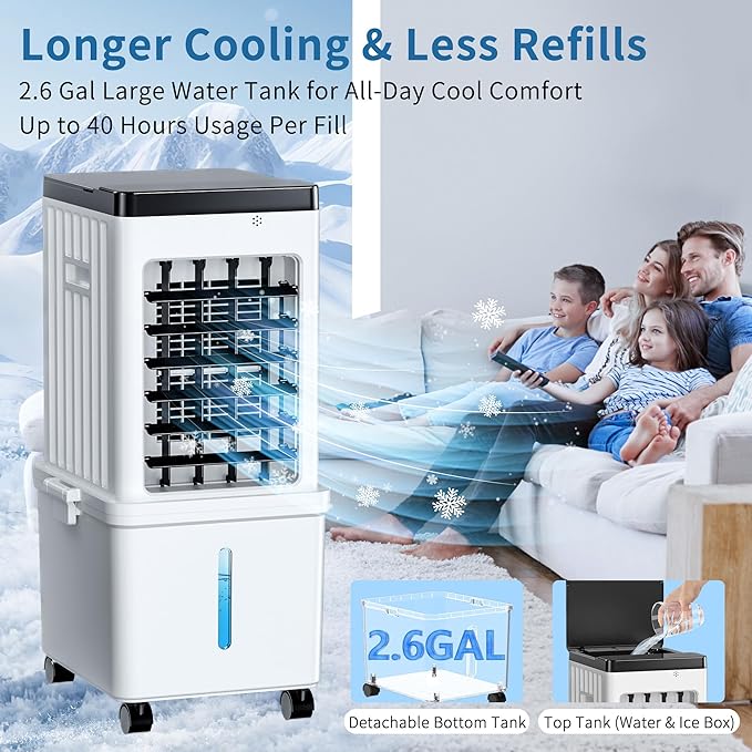 Ventilateur Climatiseur Évaporatif 3 En 1 65w, Réservoir 12l Pliable, Oscillation 60°, 3 Vitesses, Minuterie 1-7h, Télécommande, Roulettes, Sans Installation, Pour Intérieur
