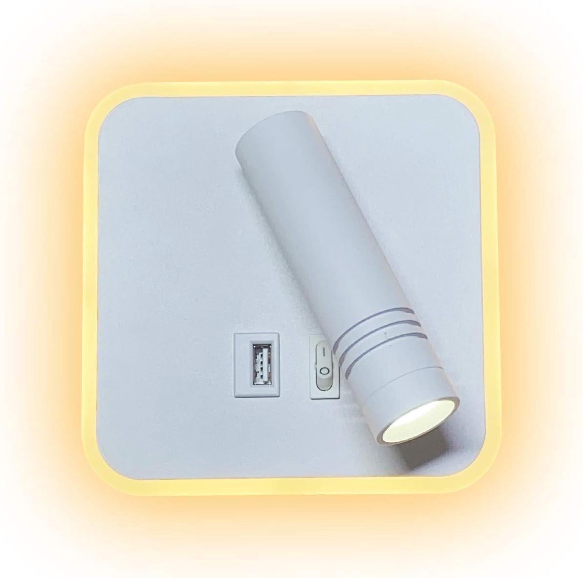 Applique Murale Led 9 W, Lampe De Chevet Avec Port De Chargement Usb, (6 W Blanc Chaud 3000 K) + (3 W Blanc 6500 K) Carrée