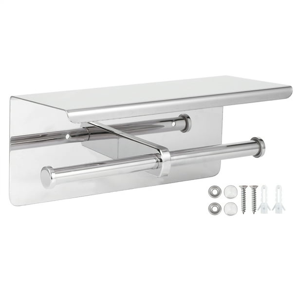 Stainless Steel Double Toilet Paper Holder With Phone Storage Shelf - Bathroom Essential