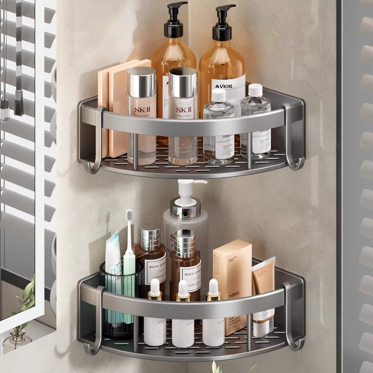 Shower Corner Shelf, Bathroom Corner Shower Shelf, Adhesive Wall Mounted Shower Shelf With 4 Removable Hooks, Bathroom Storage Organizer, 2 Pack Gunmetal Grey -