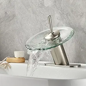 Robinet De Lavabo Cascade En Laiton Massif Et Verre, Mitigeur À Poignée Unique, Robinet De Salle De Bain Avec Eau Chaude Et Froide, Finition Nickel Brossé