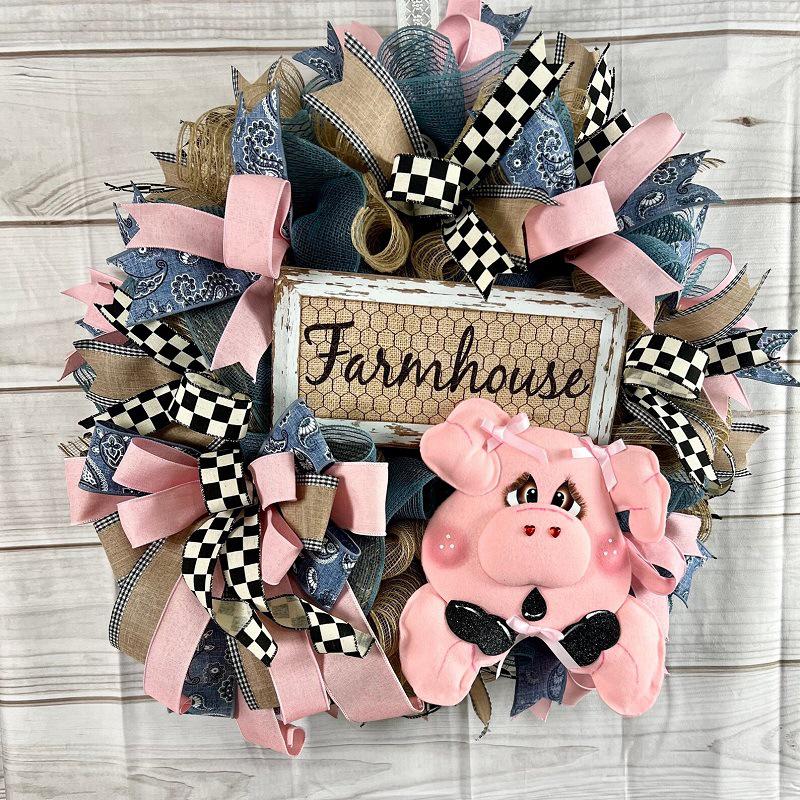 Couronne De Fleurs De 35 Cm Avec Tête De Cochon Factice - Décoration Rustique Automnale À Suspendre - Décoration De Porte