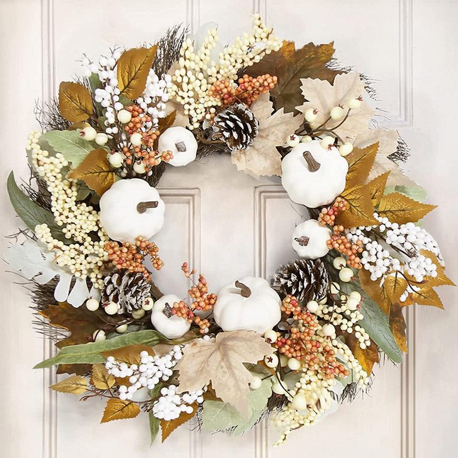 Couronne De 45 Cm En Coton, Couleurs D'Automne, Avec Feuilles D'Érable Et Pommes De Pin, Décoration Murale En Feuilles D'Érable Blanches (décoration Murale Feuilles D'Érable Blanches)
