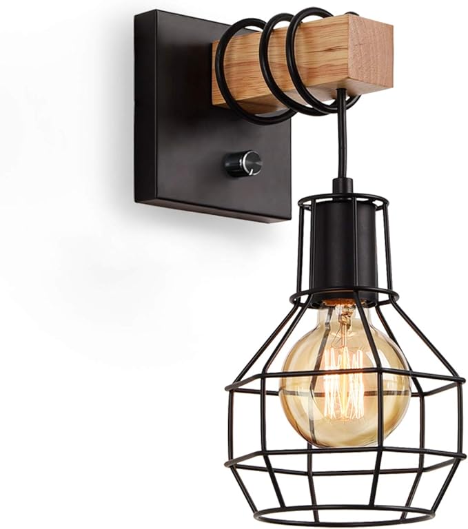 Applique Murale De Chambre, Lampe De Chevet D'Intérieur De Style Industriel Ancien, En Bois Massif Et Fer