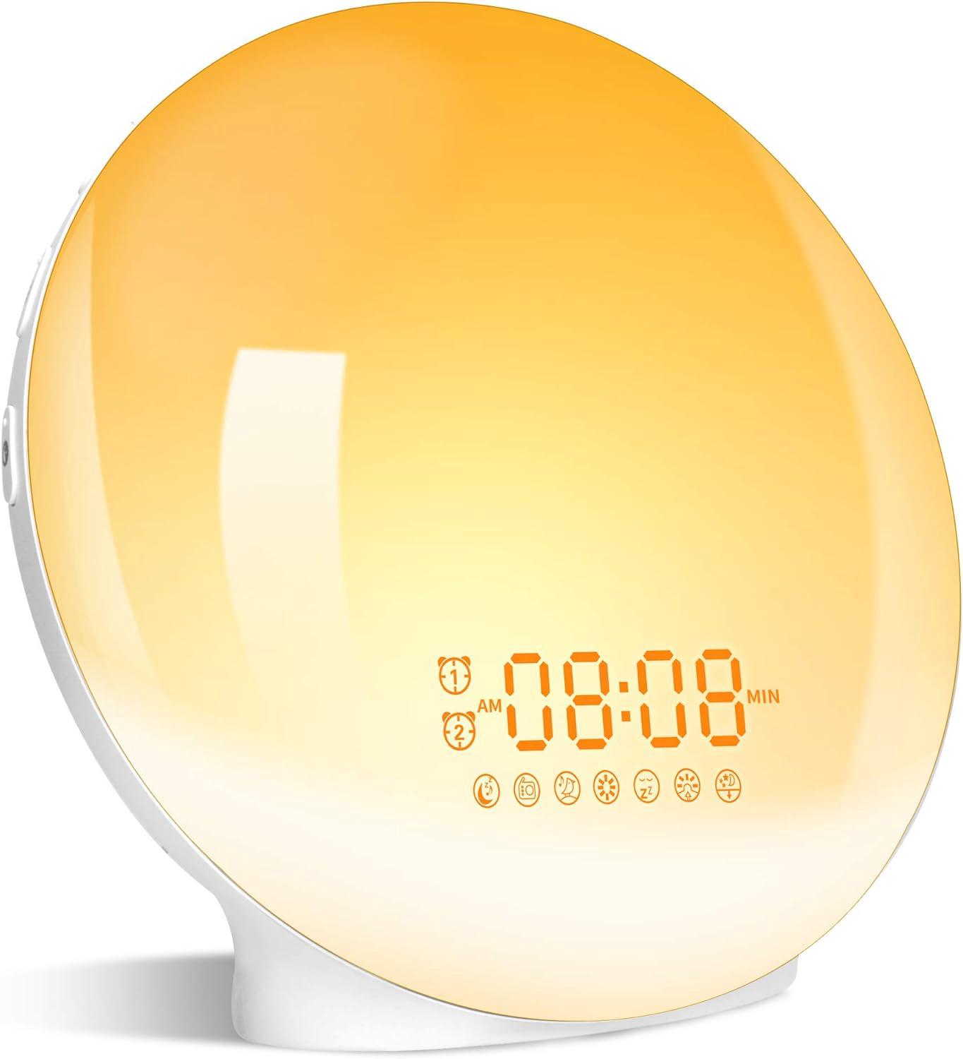 Réveil Led Avec Veilleuse, 20 Niveaux De Luminosité, Simulateur D'Aube Et De Crépuscule, Fonction Snooze, 7 Couleurs. Idéal Pour Les Enfants.