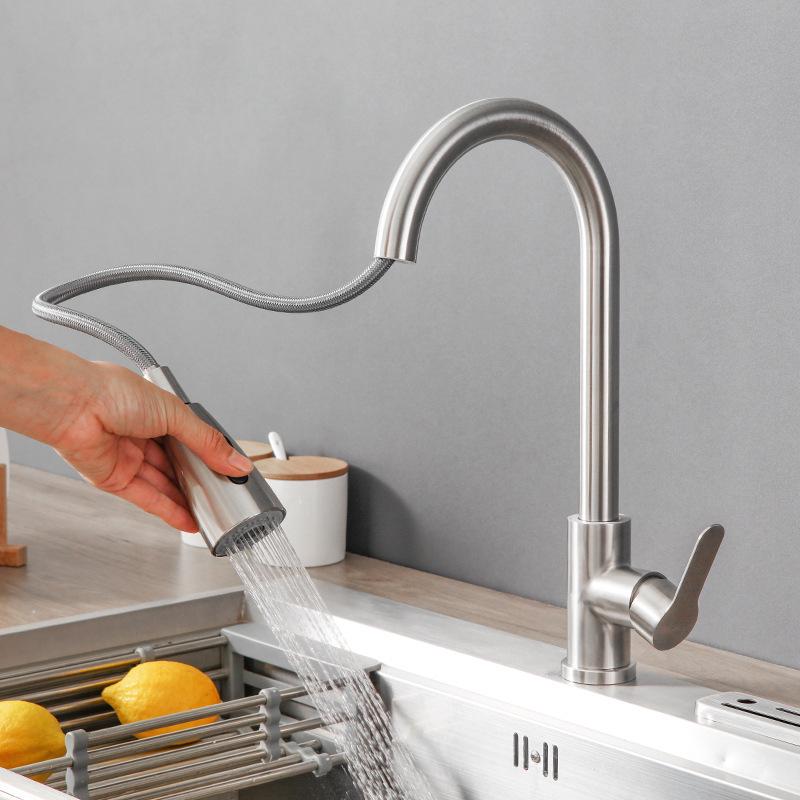 Kitchen Mixer Taps - Brushed Silver, Stainless Steel Taps With Shower Hose, Telescopic Taps For Hot And Cold