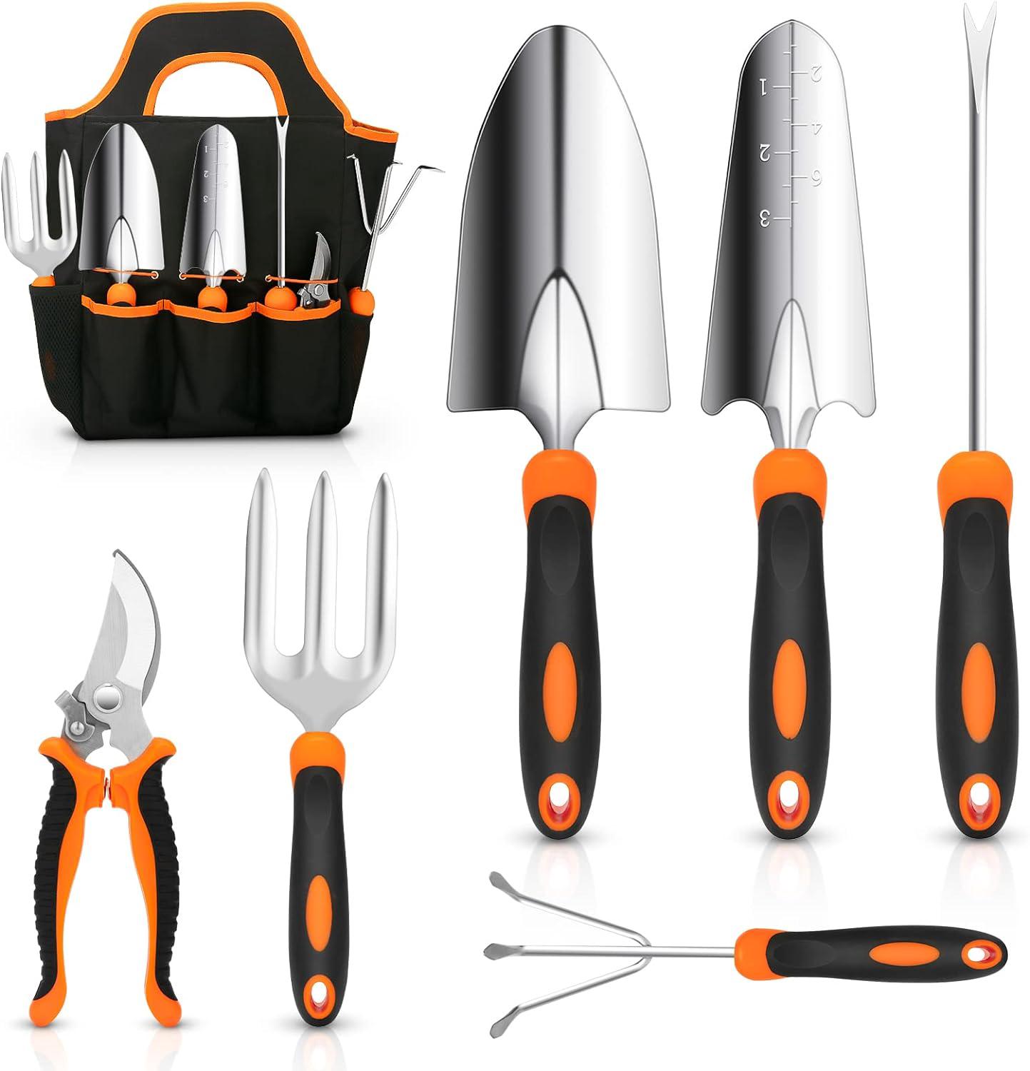 Garden Tool Set, Heavy Duty Stainless Steel Garden Tool Set With Non-slip Rubber Handle, Storage Tote Bag, Outdoor Hand Tools, Ideal Gardening Tool Set
