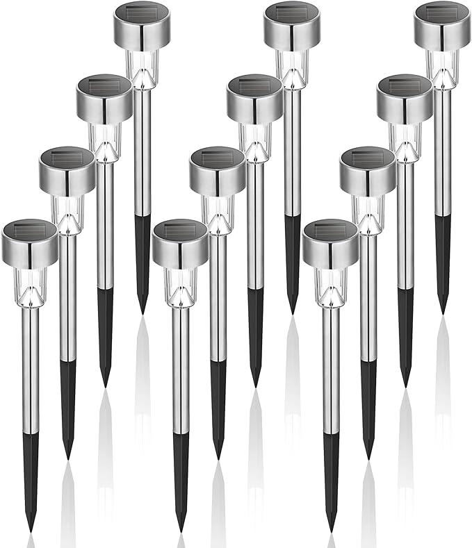 Lot De 12 Lampes Solaires D'Extérieur (blanc Chaud) En Acier Inoxydable Étanche, Idéales Pour Terrasse, Pelouse, Jardin Et Aménagement Paysager.