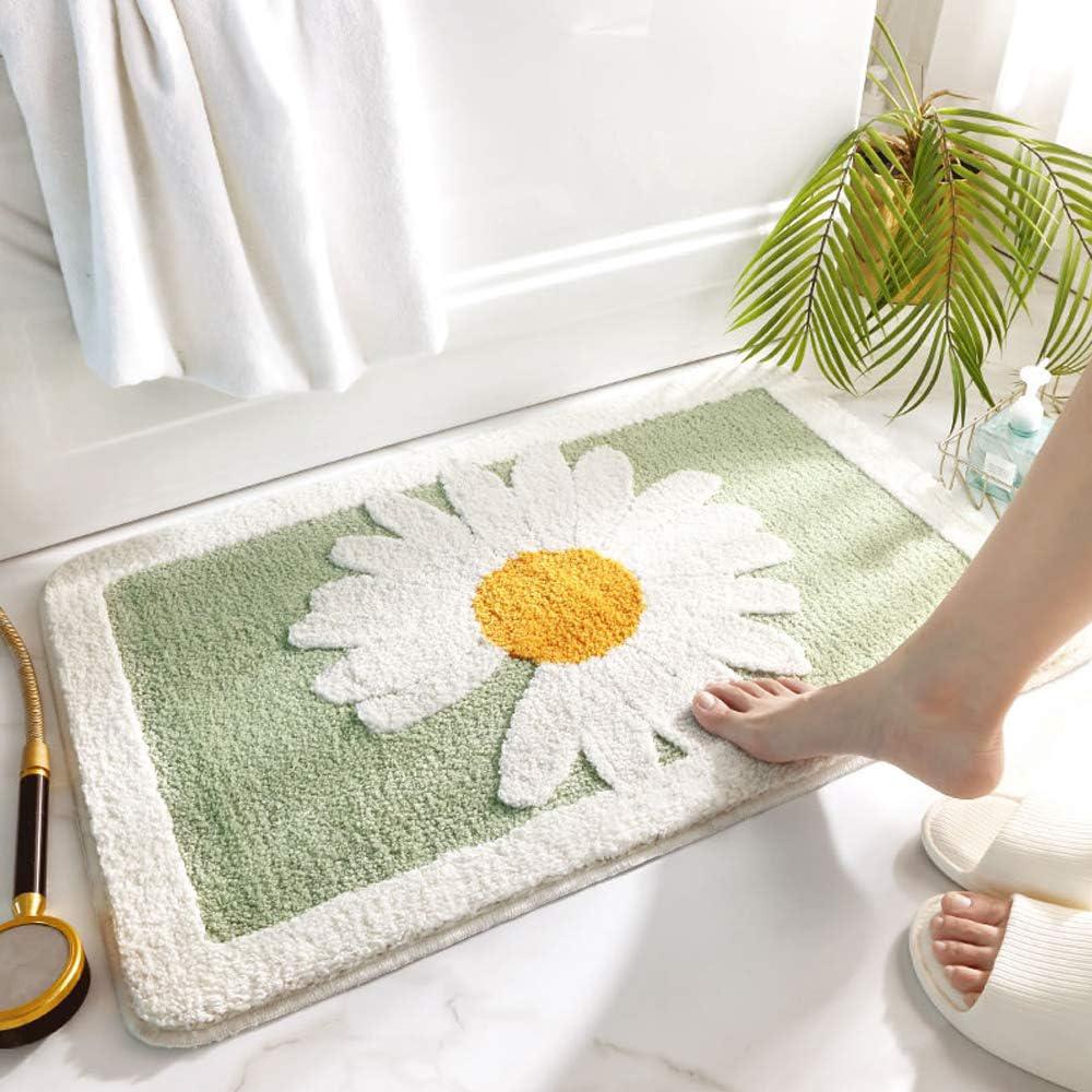 Tapis De Sol De Salle De Bain 40 X 60 Cm (vert) Antidérapant, Lavable, Motif Marguerites