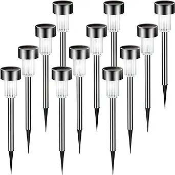 【lot De 12】lampes Solaires De Jardin En Acier Inoxydable À Lumière Blanche Chaude